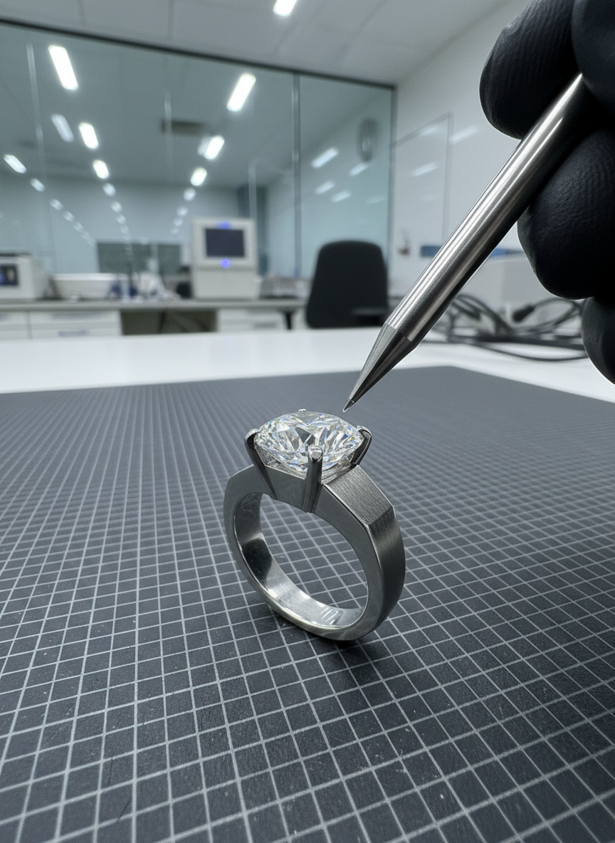 A detailed macro shot of a certified gemstone tester probe delicately poised over a clear, multifaceted diamond set in a precisely cut platinum mount, both resting on a textured graphite analysis mat. The environment is a spotless, modern testing station with glass partitions and stainless-steel fixtures in the blurred background. Focused LED task lighting creates crisp highlights and sharp-edged shadows while accentuating the intricacies of the gemstone’s surface. The atmosphere is technical, exacting, and inherently professional. This eye-level, ultra-close composition uses a tight central framing, drawing attention to the authenticity process. The photographic realism and corporate visual language match the high standards of the appraisal industry represented by the site.