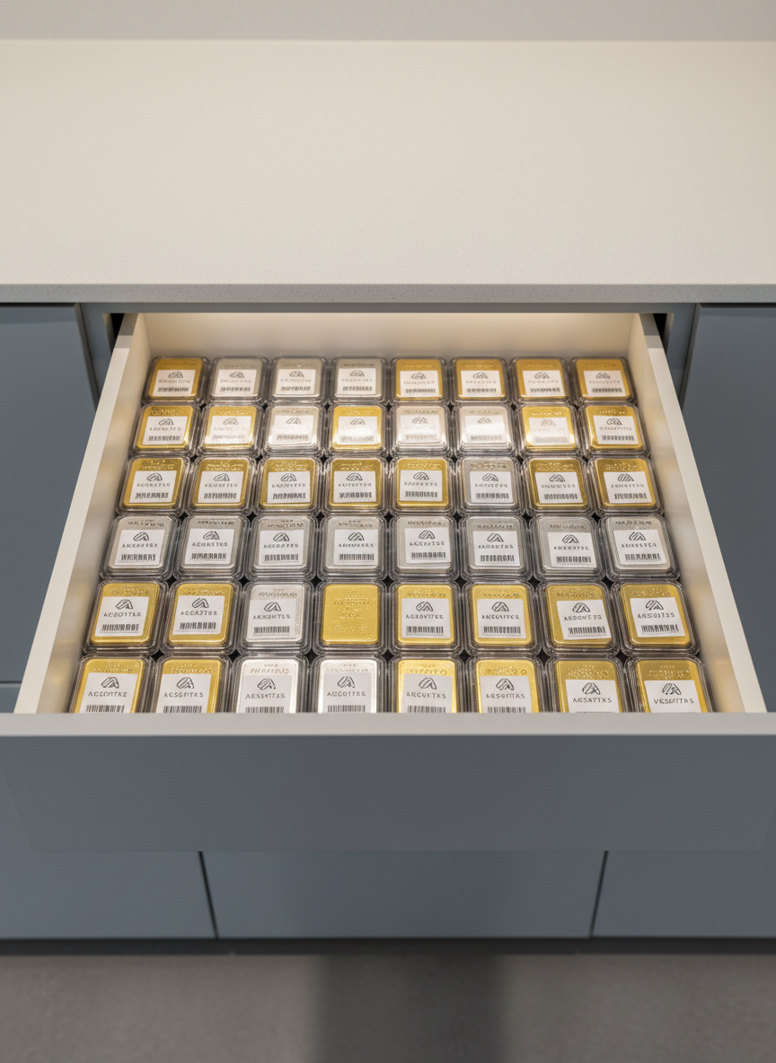 An immaculately organized display drawer partially opened to reveal tightly packed rows of precious metal bars, each individually sleeved in transparent acrylic cases, all labeled with their purity markings and barcodes. The setting is a contemporary, high-security appraisal office, with cool-toned, seamless cabinetry and a matte, cream-colored surface. Soft, indirect LED lighting illuminates the contents evenly, highlighting the lustrous finishes and sharp engravings, producing delicate reflections without glare. The mood is composed and highly secure, reflecting trust and discretion. Photographed from a front-facing, slightly downward angle, the image offers a structured, balanced composition with sharp, full-frame clarity. The photographic style is clean, corporate, and minimal—reinforcing the reliability of asset assessment.