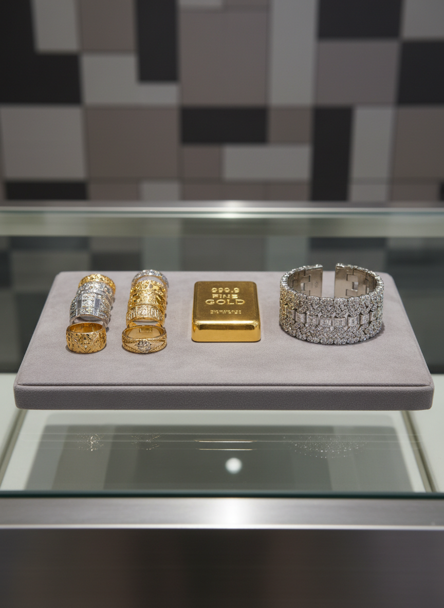 A meticulously arranged collection of gold and platinum jewelry, including intricately engraved rings, a pure gold bar with a stamped hallmark, and a gleaming diamond-studded bracelet, all displayed atop a soft gray suede presentation pad. The backdrop is a glass-topped counter with clean lines, framed by muted metallic tones and a subtly patterned wall in the distance. Soft studio lighting from above creates gentle, controlled highlights and crisp reflections on the precious metals, while casting elegant, diffused shadows for depth. The atmosphere is professional, precise, and trustworthy. The shot is taken from a slightly elevated eye-level angle using a centered, structured composition with sharp focus and a minimalist, corporate photographic aesthetic—perfectly aligned with a reputable precious metal appraisal store.