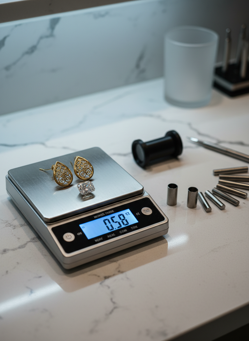 A close-up of a precision digital jeweler’s scale, featuring a textured titanium weighing pan holding a pair of finely polished gold earrings and a loose, radiant-cut diamond. Surrounded by an orderly array of authentication tools—magnifying loupe, assay markers—resting on a flawless quartz countertop with faint marbling. Cool, diffused overhead lighting enhances the metallic surfaces, producing clear definitions and subtle shadows. The image conveys a calm, analytical, and highly professional environment. Captured with a shallow depth of field and crisp central focus, the composition employs the rule of thirds to create harmonious balance. The style is photographic realism with neutral tones and clean, modern lines—emphasizing precise, trustworthy appraisal methods for the site’s theme.