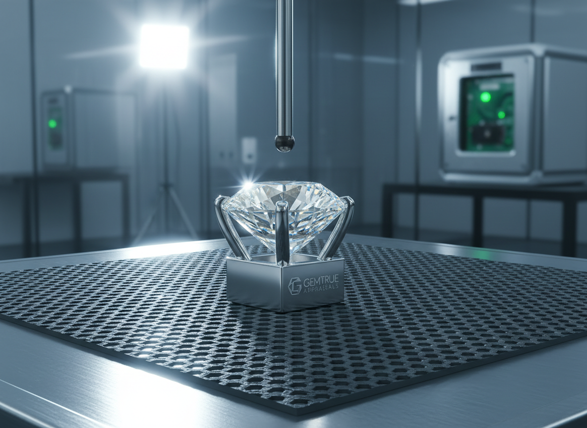 A detailed macro shot of a certified gemstone tester probe delicately poised over a clear, multifaceted diamond set in a precisely cut platinum mount, both resting on a textured graphite analysis mat. The environment is a spotless, modern testing station with glass partitions and stainless-steel fixtures in the blurred background. Focused LED task lighting creates crisp highlights and sharp-edged shadows while accentuating the intricacies of the gemstone’s surface. The atmosphere is technical, exacting, and inherently professional. This eye-level, ultra-close composition uses a tight central framing, drawing attention to the authenticity process. The photographic realism and corporate visual language match the high standards of the appraisal industry represented by the site.