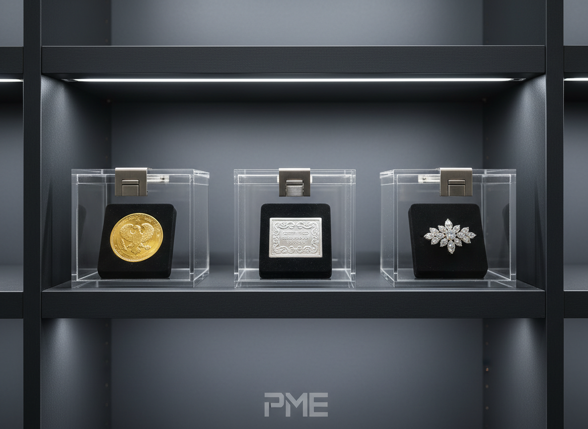 A trio of secure, transparent acrylic lockboxes with brushed steel hinges, each containing distinct precious items: a pristine gold coin, an engraved silver ingot, and a vintage diamond brooch, all resting on matte black velvet supports. These are arranged on a structured shelving unit against a gradient slate backdrop, evoking a modern vault environment. Soft diffused lighting from above and the sides imparts subtle lustre, highlighting facets and hallmarks without harsh reflections. The ambiance communicates exclusivity, assurance, and refined professionalism. Capture is from a slightly elevated angle, with deliberate, balanced spacing and a sharp, full-depth focus. The clean, photographic style, neutral palette, and corporate composition visually reinforce the brand’s expertise in precious metal evaluation and secure handling.