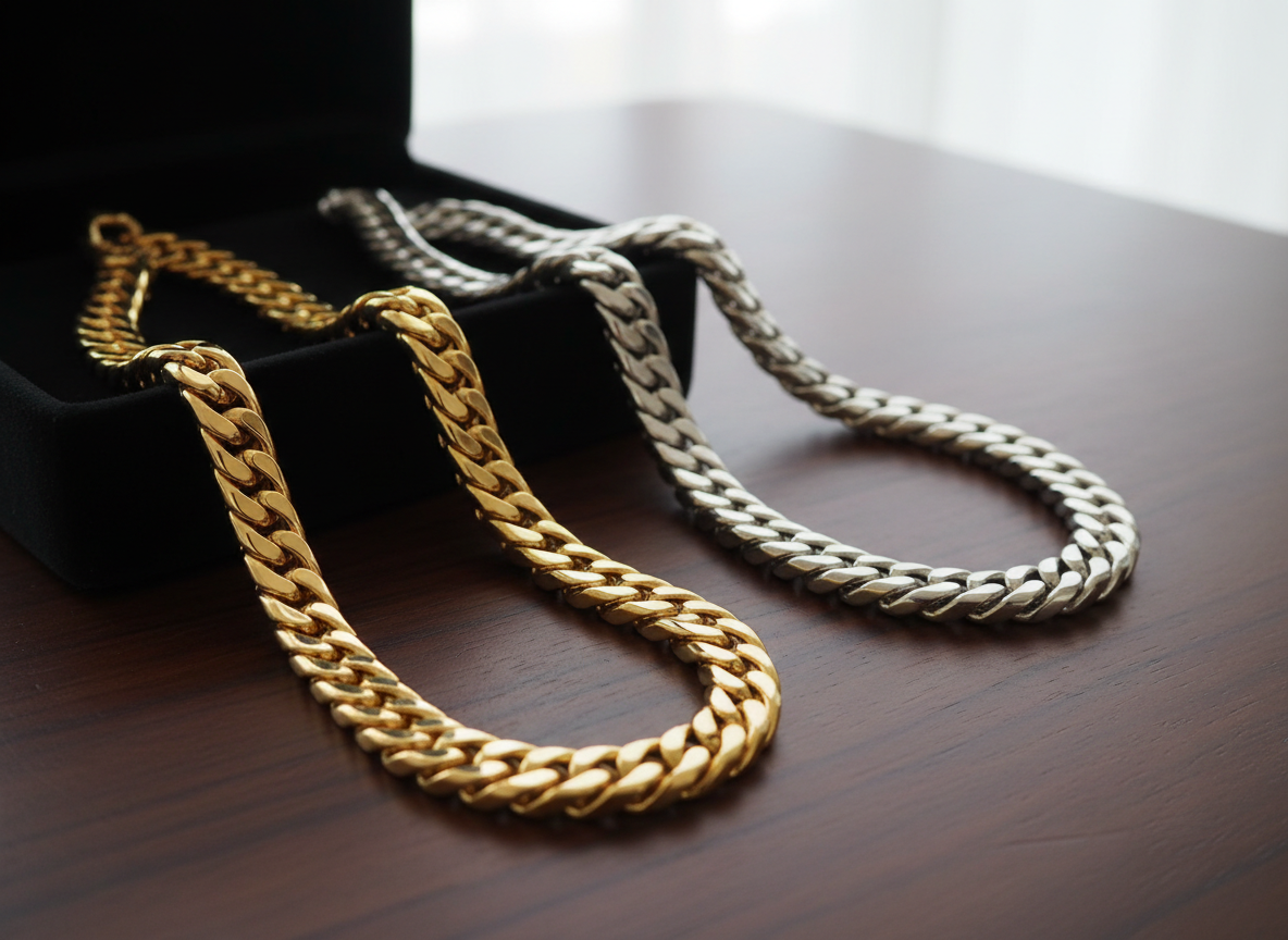 金とプラチナの喜平ネックレスが二本並んでいる画像