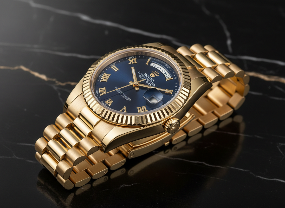 高級感のあるロレックスの腕時計の写真。精巧なディテールと輝く金属パーツが目立つ構図。背景はシンプルかつ上品で、時計そのものを強調。プロフェッショナルな雰囲気を持たせてください。