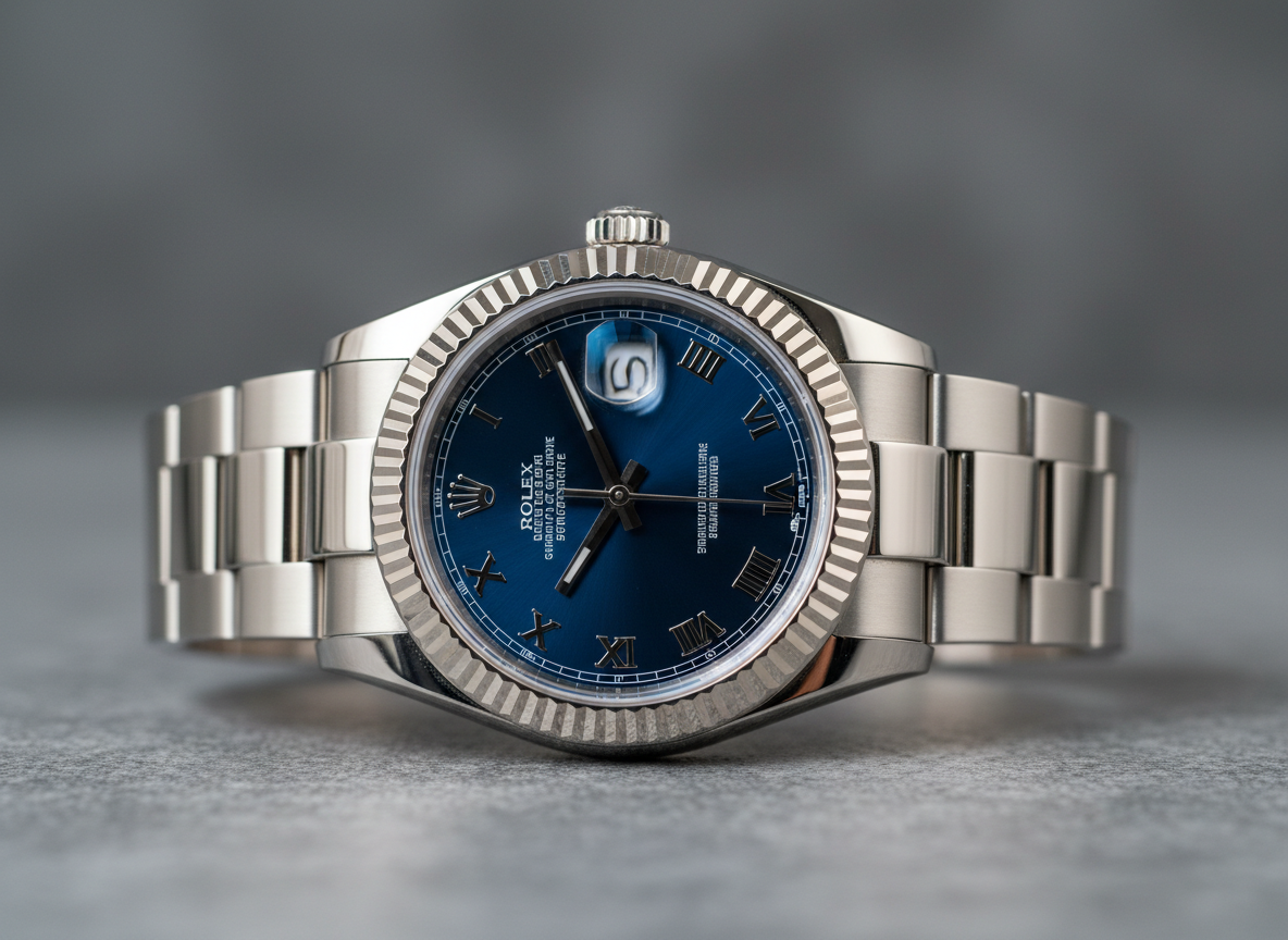 ロレックスの高級時計の写真。精巧なディテールと輝くステンレススチールのブレスレットが映るように。背景はシンプルで時計が際立つ構図。光沢感と高級感を重視。