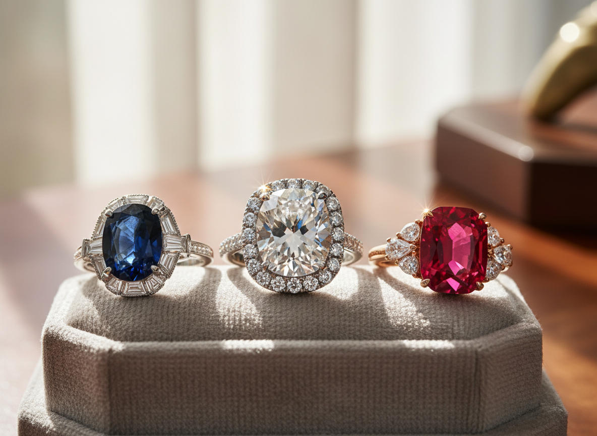 ダイヤモンド、サファイア、ルビーがセットされた3つの高級感あふれるゴージャスなリングを、おしゃれで洗練された雰囲気でクローズアップで撮影したイメージ。宝石の輝きやディテールが美しく際立つよう強調。背景は上品で主役のリングが引き立つように。